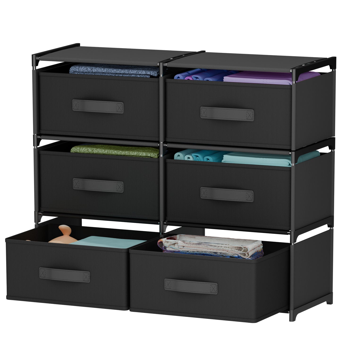 BAOKALER Double Row Non-Woven Fabric Dresser with 6 Drawers, Clothes Drawer Dresser for Bedroom, Hallway, Entryway, Closets, Sturdy Steel Frame, Wood Top, Black