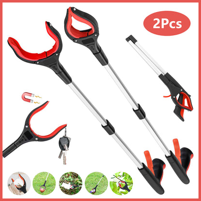 2Pcs 32'' Grabber Reacher Tool, Foldable Grabber Reaching Tool, Lightweight Trash Picker Upper Tool for Elderly with Anti-Slip Rotating Rubber Gripper,Red