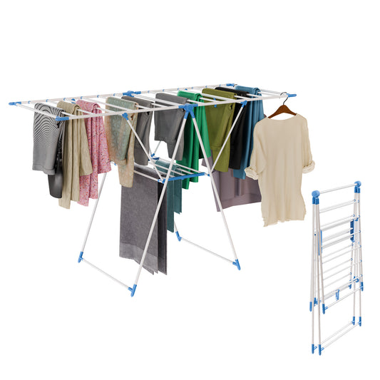 Portable 2-Layer Wing-Style Foldable Clothes Rack with Adjustable Height Wings, Suitable for Indoor/Outdoor Use, Blue