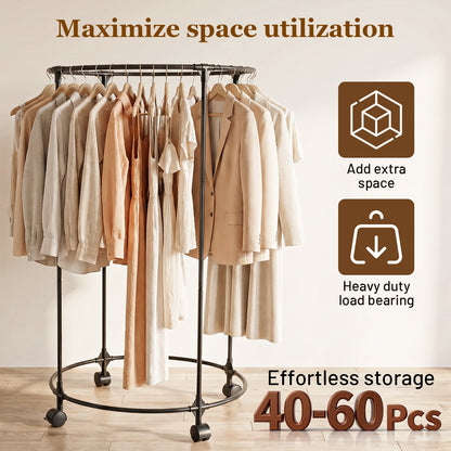 Clothes Rack, Rolling Round Garment Rack with 4 Universal Wheels and Shelf, Floor-Standing Clothes Hanging Rack for Bedroom, Black