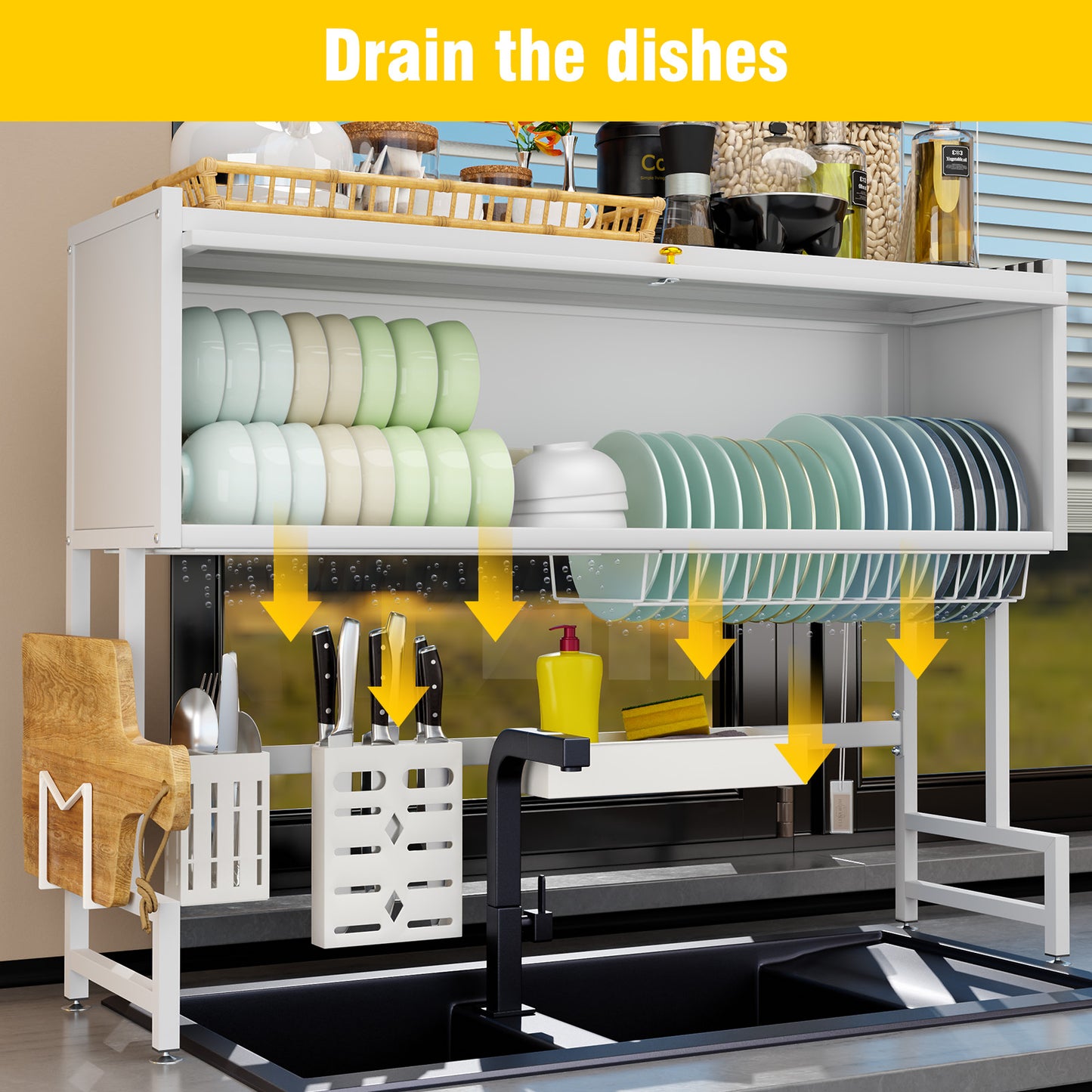 Over the Sink Dish Rack with Cabinet, Multifunctional Dish Drying Rack Above Sink with Visible Cupboard Door for Drying Dishes, Glasses, Bowls, and Utensils, White, Length-41.34"
