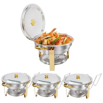 CATGOOD Chafing Dish Buffet Set 4 Pack 5QT Round Half-Gold Plated Stainless Steel Chafing Dish with Stainless Steel Lid, Buffet Warmer Set, for Home Gatherings, Christmas Parties, Catering Events