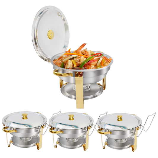 CATGOOD Chafing Dish Buffet Set 4 Pack 5QT Round Half-Gold Plated Stainless Steel Chafing Dish with Stainless Steel Lid, Buffet Warmer Set, for Home Gatherings, Christmas Parties, Catering Events
