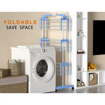 Clothes Drying Rack, 4-Tier Foldable Drying Rack for Clothes, Portable Laundry Rack with Wheels Indoor Outdoor Freestanding, Blue