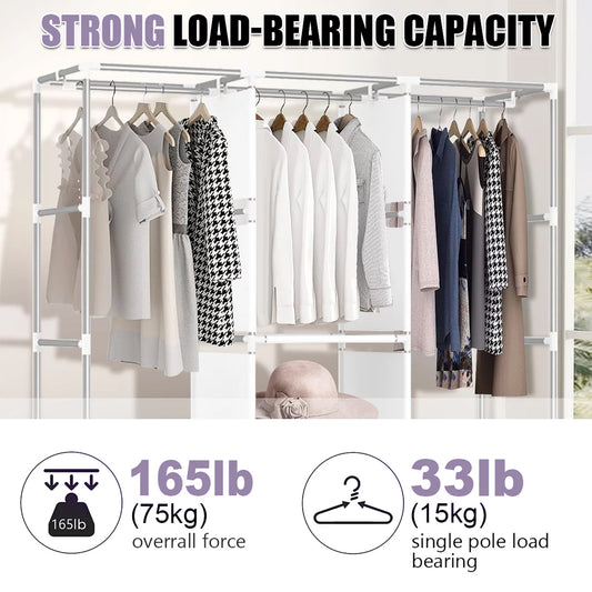 Portable Closet Clothes Wardrobe with 3 Hanging Rod Closet Organizer with Shelf with Cover Clothes Rack Standing Closet Clothes Storage Garment Cabinet