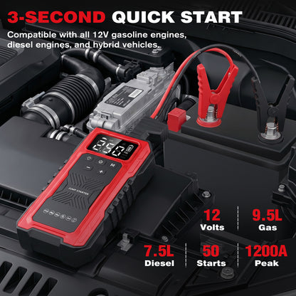 1200A Peak Car Battery Jump Starter with Tire Inflator, Portable 4?in?1 Jump Starter with USB Output & 150 PSI Air Compressor, 12V Jump Pack with Full?Screen LED Display and SOS Emergency Light, Red