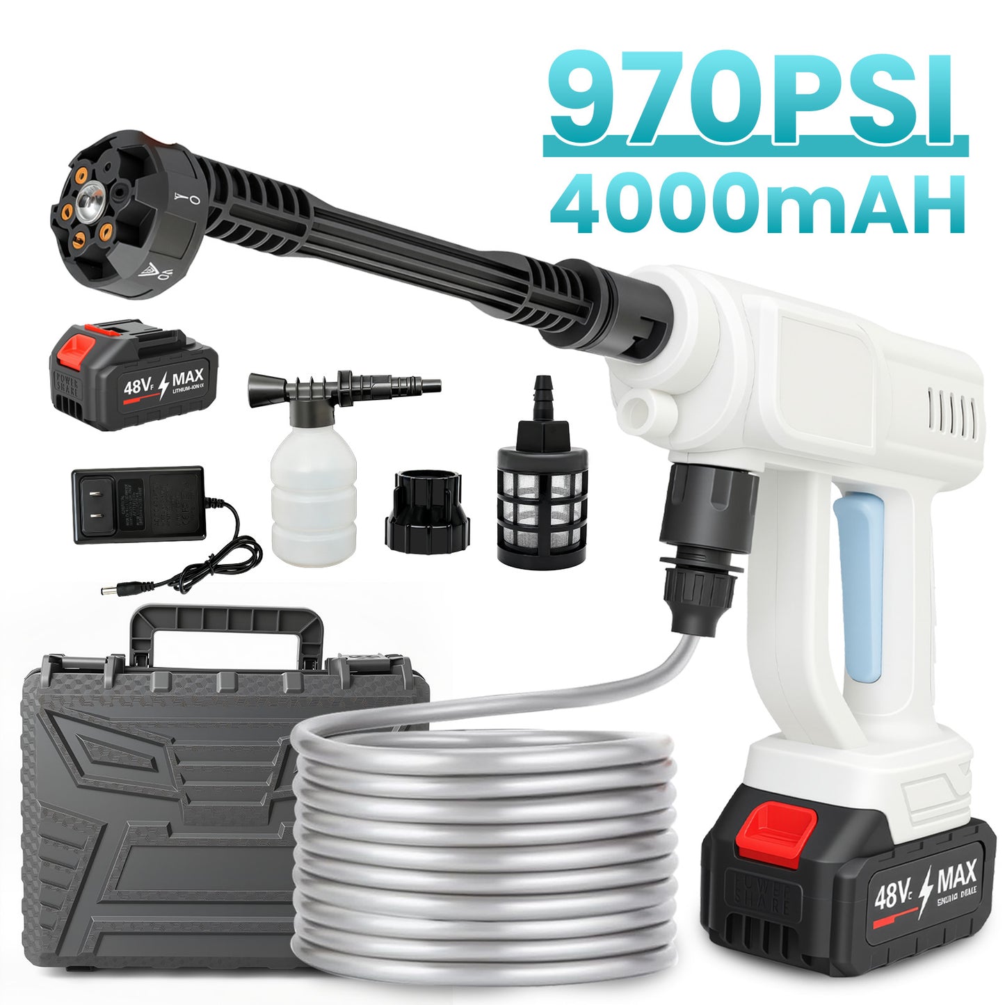 BAOKALER Cordless Pressure Washer, 970PSI Portable Power Washer with 4AH Battery, 6 in 1 Nozzle Electric High Power Washer with Brushless Motor, White