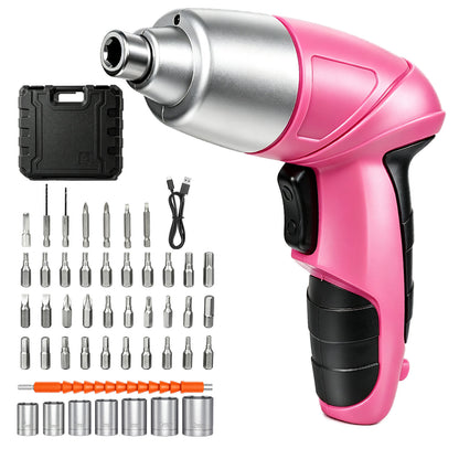 Cordless Power Screwdriver, 47-in-1 Electric Screwdriver Rechargeable Set, Rechargeable 3.7V Cordless Screwdriver with 30 Driver Bits, Power Tool for Office & Home Use, Pink
