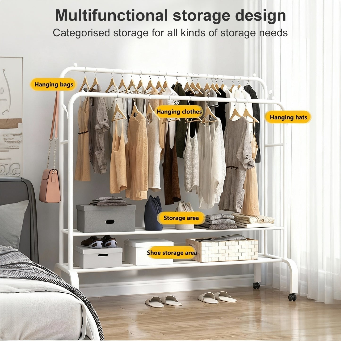 Clothes Rack With Wheels, Portable Clothing Rack With Shelves & Hooks, Heavy Duty Garment Racks for Hanging Clothes, Double Rods Multi-Functional Closet Rack for Bedroom, White