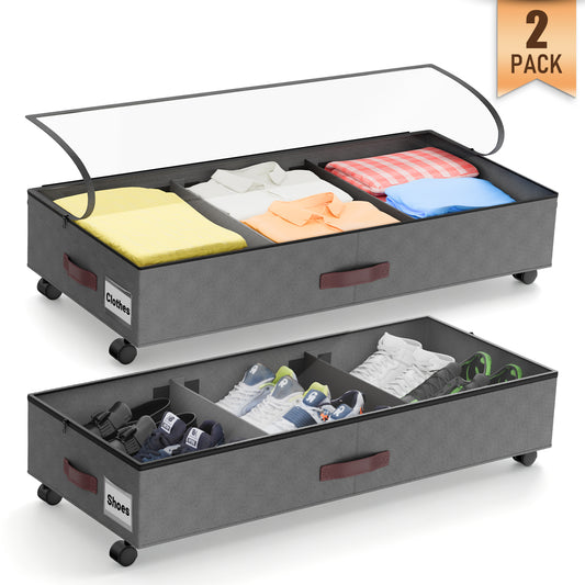 Under Bed Storage Containers, Under Bed Shoe Storage Organizer, Under Bed Storage with Wheels, Rolling Underbed Storage Bins for Clothes, Shoes, Blankets, 58L