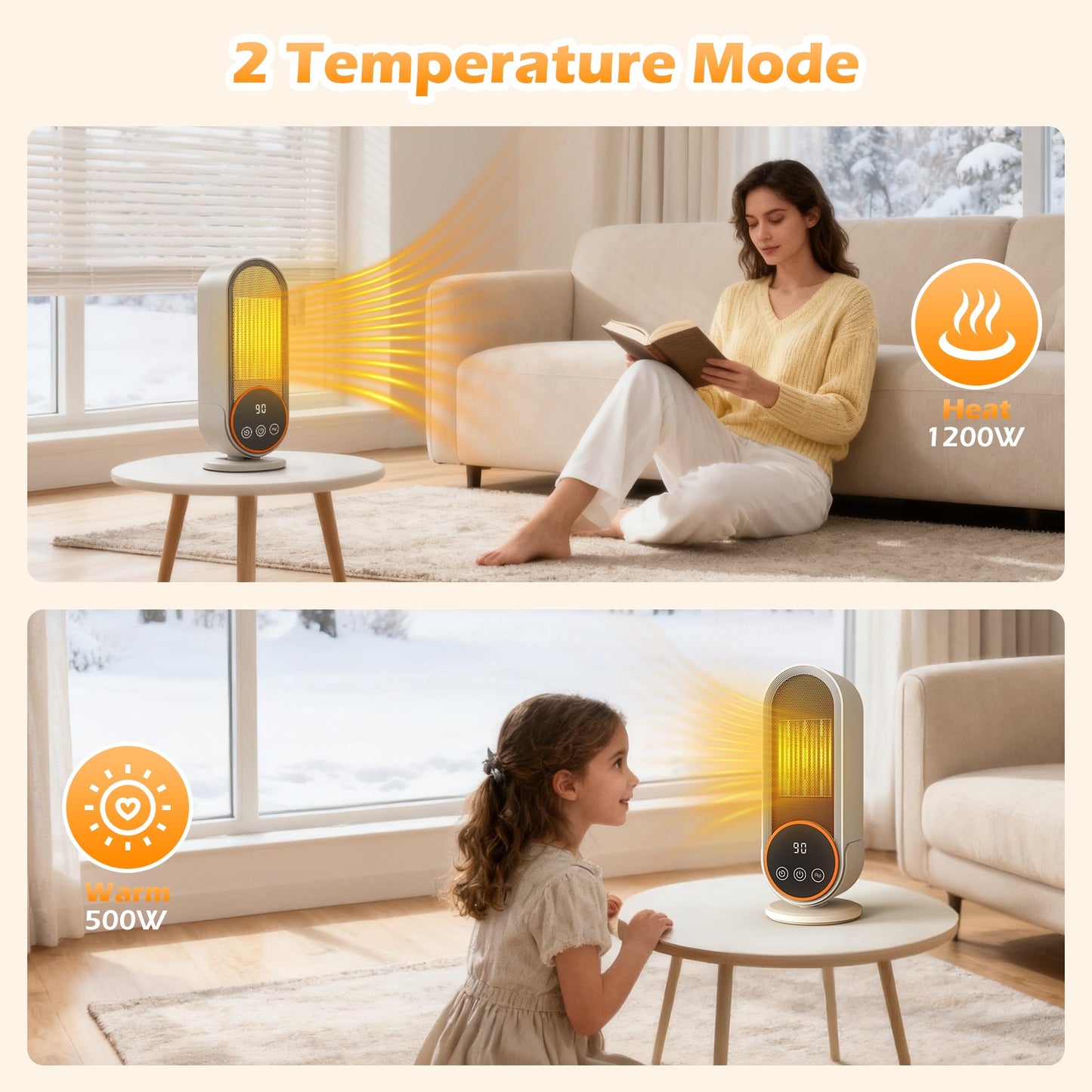 1200W Tower Heater, Ceramic Space Heater with Thermostat, 3D Realistic Flame Effect and Remote Control, 3 Modes, Overheat and Tip-Over Protection, Suitable for Home/Living Room
