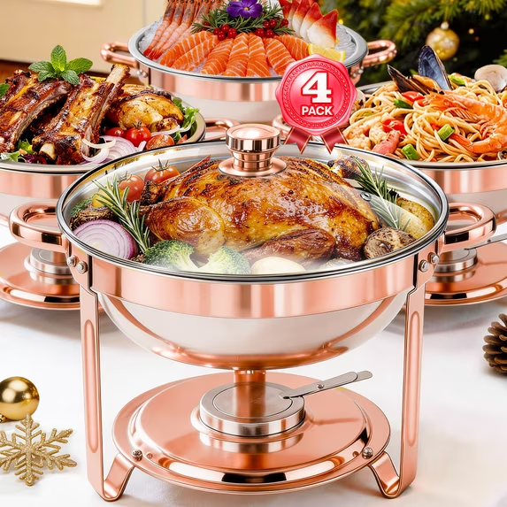 CATGOOD Chafing Dishes for Buffet, 5.3QT Chafing Dish Buffet Set, Food Warming Trays for Buffet, for Home Parties, Christmas Gatherings, Catering Events, Rose Golden 4 Pack