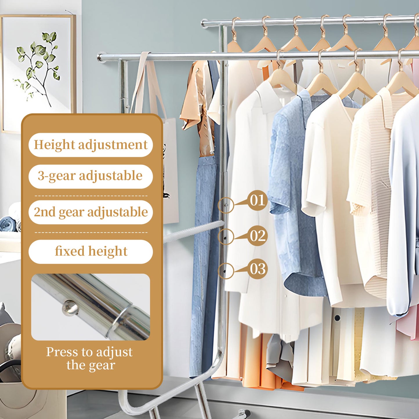 Baokaler Clothes Rack 480lbs Commercial Grade Heavy Duty Clothing Garment Rack Adjustable Collapsible Clothing Racks on Wheels with Double Hanging Rod Chrome Finish