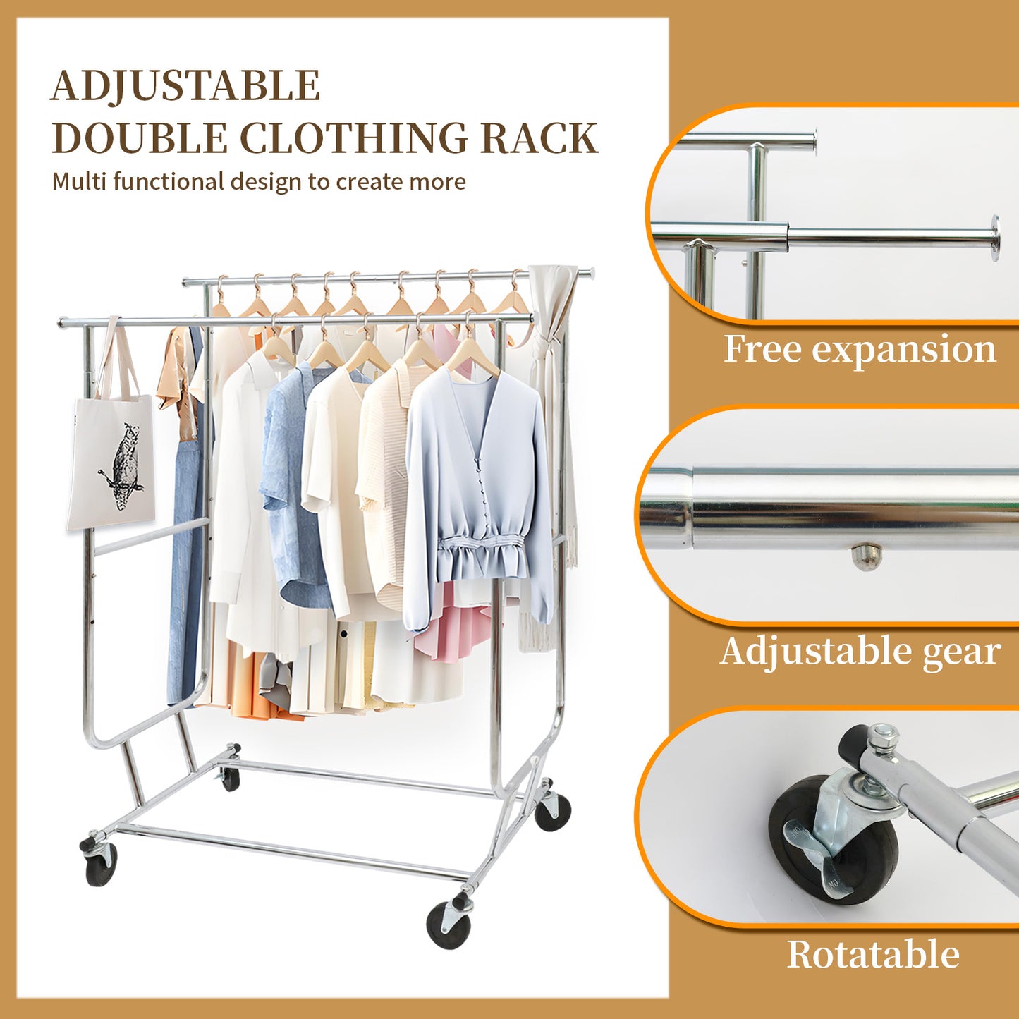Baokaler Clothes Rack 480lbs Commercial Grade Heavy Duty Clothing Garment Rack Adjustable Collapsible Clothing Racks on Wheels with Double Hanging Rod Chrome Finish