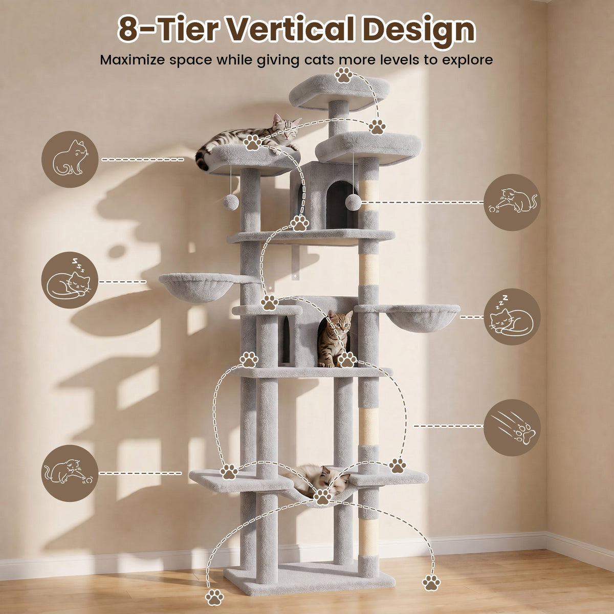 80" Cat Tree, Big Cat Tower for Multiple Adult Cats, Multi-Level Tall Cat Tree with 3 Platforms, 2 Condos, 2 Hanging Basket, Hammock and Scratching Frame for Indoor Kitties, Light Gray