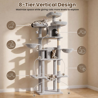 80" Cat Tree, Big Cat Tower for Multiple Adult Cats, Multi-Level Tall Cat Tree with 3 Platforms, 2 Condos, 2 Hanging Basket, Hammock and Scratching Frame for Indoor Kitties, Light Gray