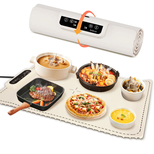 Food Warming Mat with 3-Level Digital Temperature Control, Watorproof and Foldable Electric Warming Tray, Silicone Heating Mat for Buffets Parties Gatherings and Daily Use, White