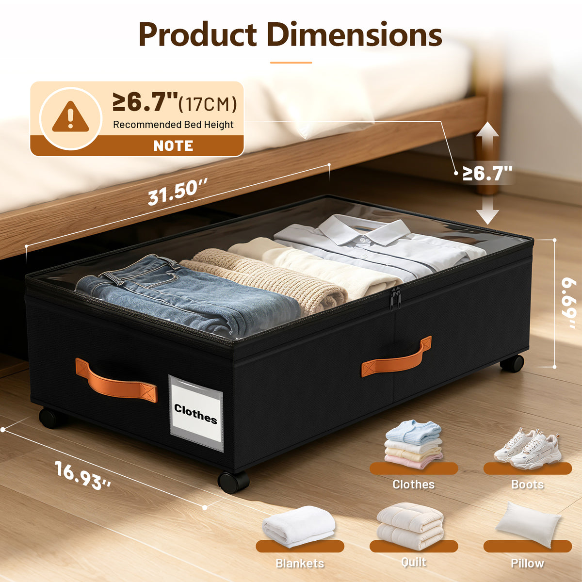 Under Bed Storage with Wheels, 2 Pack Under Bed Storage Containers with Compartments, Underbed Shoe Storage Organizer Bins, Rolling Drawers for Clothes, Blankets, Toys (Black)