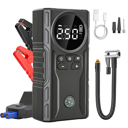 800A Peak Car Battery Jump Starter with Tire Inflator, Portable 6?in?1 Jump Starter with Dual USB Ports & 12V DC Output, 12V Jump Pack with 300?Lumen Tri?Mode SOS LED Light, Black