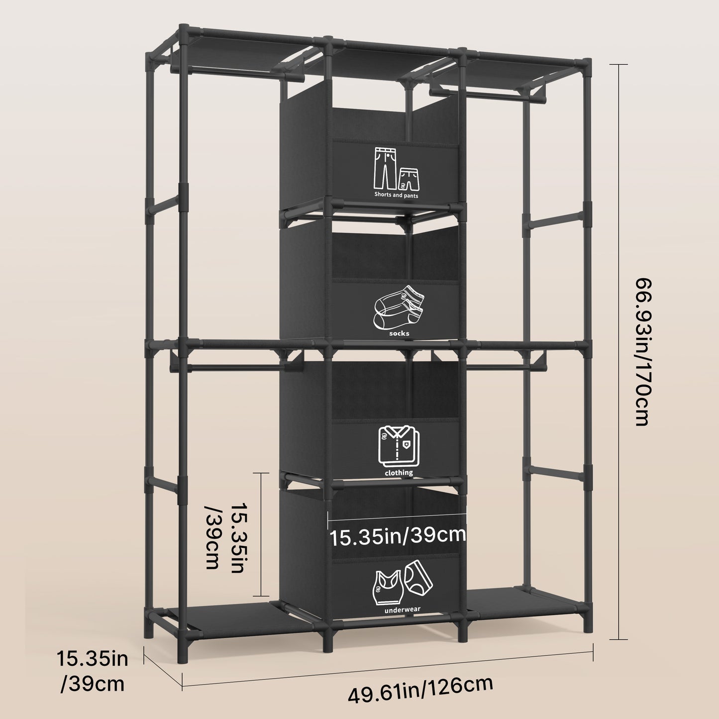 Portable Closet, Wardrobe Closet for Hanging Clothes with 4 Storage Drawers, Freestanding Closet Organizers and Storage for Bedroom, Black