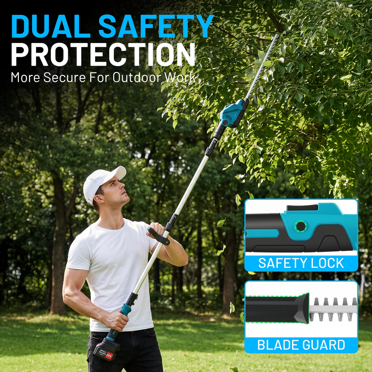BAOKALER 21 inch Cordless Pole Hedge Trimmer, 21V Pole Hedge Trimmer with 2¡Á4.0Ah Batteries, 7Ft Telescoping Shaft, 90¡ãAdjustable Head and LED Display for Tree & Shrubs Pruning