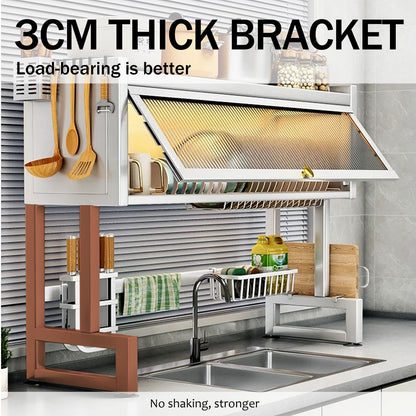Kitchen Sink Countertop Dustproof Storage Rack, Multifunctional Organizer for Drying Dishes, Glasses, Bowls, and Utensils, White, Length-25.6"