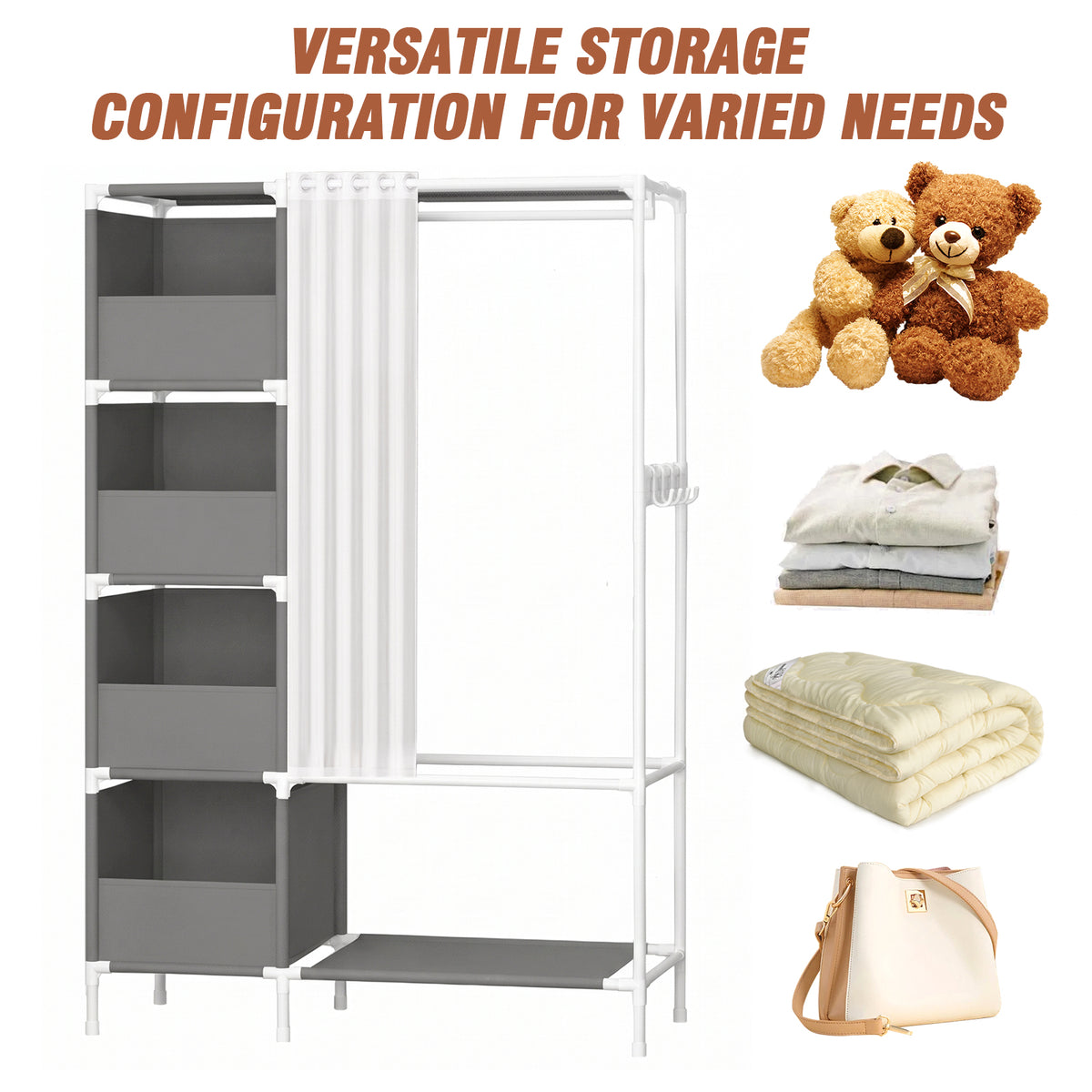 Clothes Rack, Portable Closet, Freestanding Closet Organizer with Curtain, 4 Tier Garment Rack for Bed Room, Gray