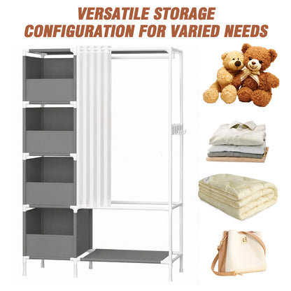 Clothes Rack, Portable Closet, Freestanding Closet Organizer with Curtain, 4 Tier Garment Rack for Bed Room, Gray