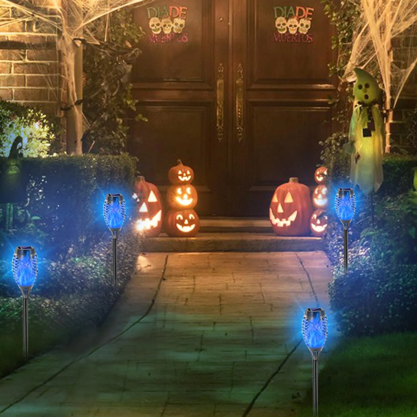 BAOKALER Flickering Flame Solar Lights Outdoor, 6 Pack Solar Garden Stake Lights Outside, LED Landscape & Walkway Blue Lights Waterproof for Outdoor Decor Yard Patio Pathway Christmas Halloween