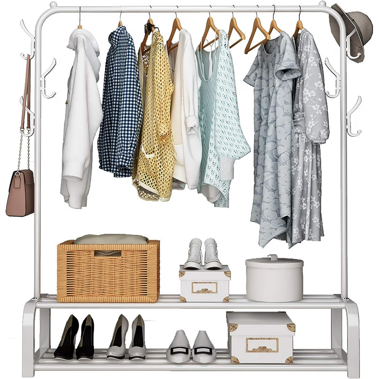 Clothes Rack, Double-Rod Clothing Rack, Garment Rack, For Boxes Shoes Boots Storage, Metal Frame, White