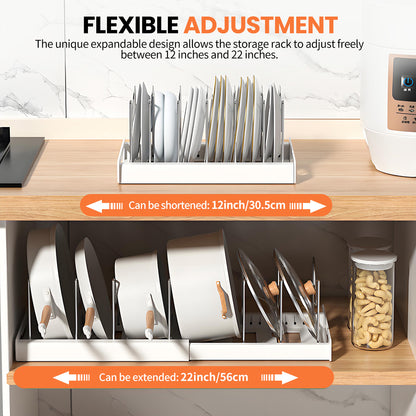 Expandable Pan Organizer, Pots and Pans Organizer with 12 Adjustable Shelves, Multifunctional Lid Organizer for Kitchen Cabinets, Stainless Steel Pan Rack Lid Holder, White