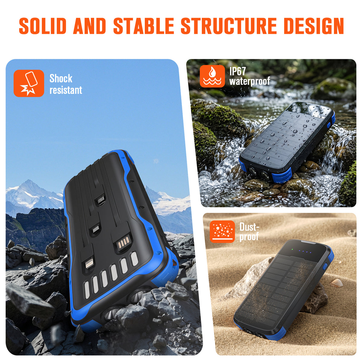 40000mAh Solar Power Bank Blue, Portable Charger 20W PD Fast Charging, Solar Charger Power Bank W/4 Built-in Cables & 9 Charging Ways, Waterproof Dual LED Flashlights for Camping Hiking