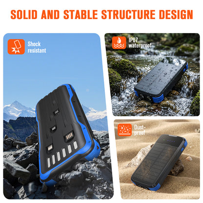 40000mAh Solar Power Bank Blue, Portable Charger 20W PD Fast Charging, Solar Charger Power Bank W/4 Built-in Cables & 9 Charging Ways, Waterproof Dual LED Flashlights for Camping Hiking