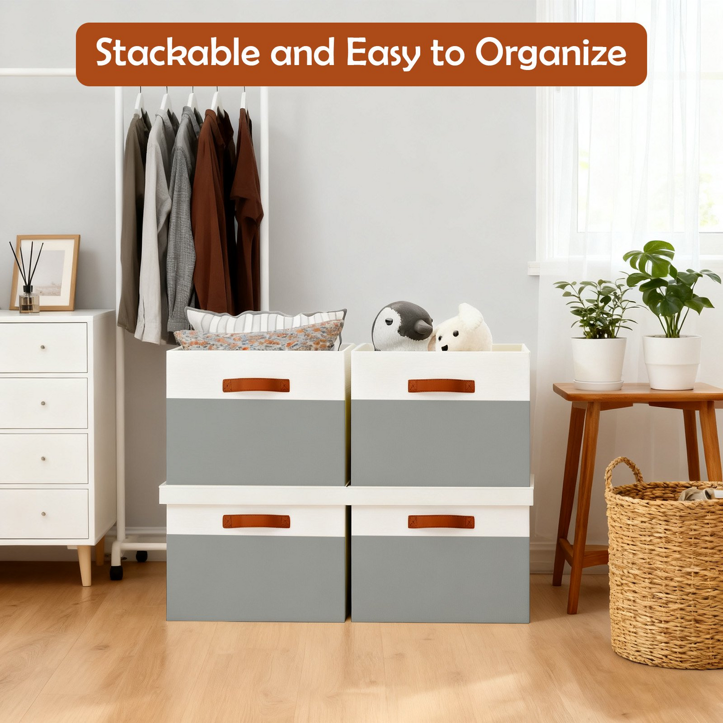 Storage Bins with Lids, 2 Pack Extra Large Blanket Storage Baskets with Lids, Closet Organizers Bins for Living Room, Nursery, Gray and White