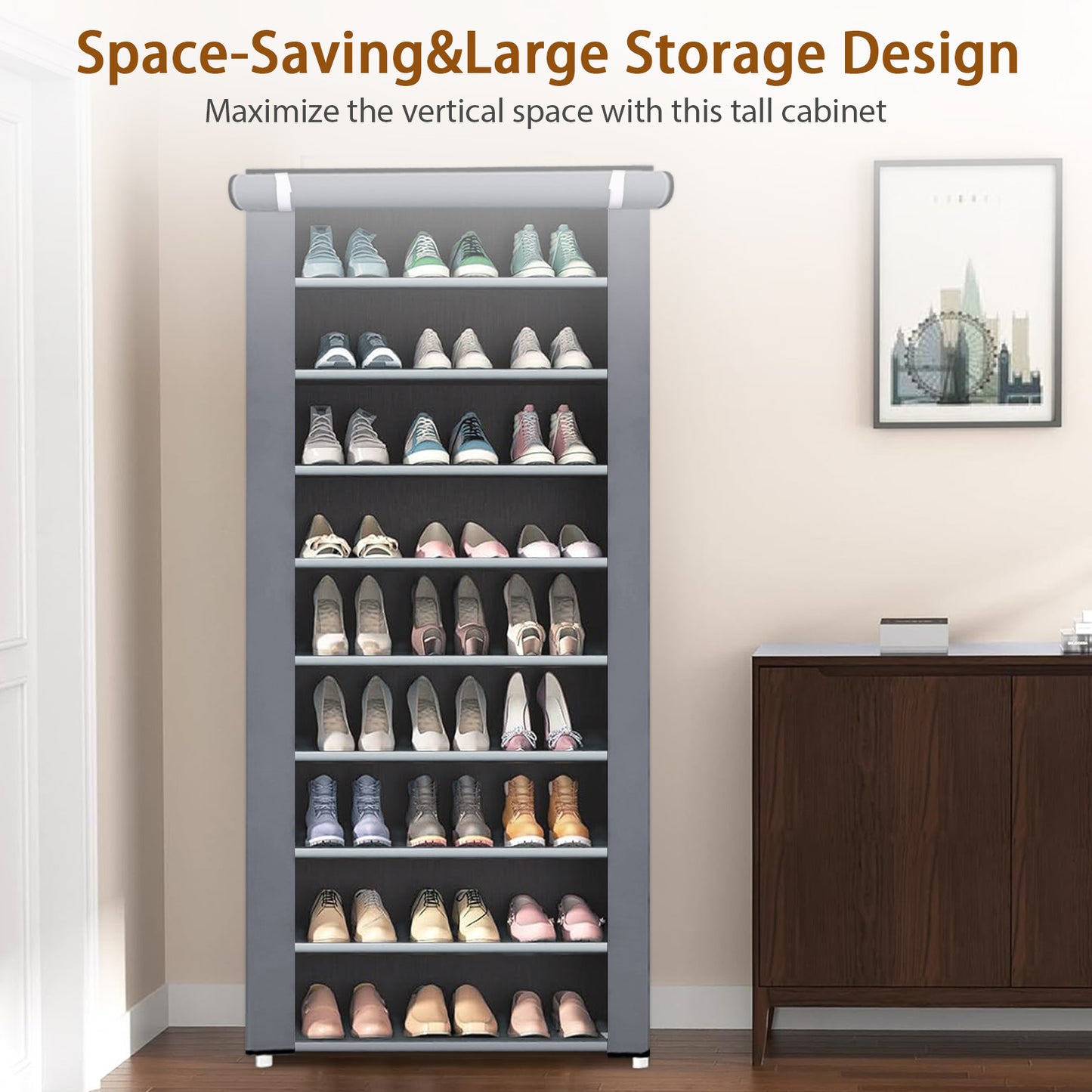 Portable Shoe Rack, 10-Tier 27 Paris Shoe Storage Cabinet with Cover, Non-Woven Fabric Shoe Storage Organizer, 9 Lattices Shoe Cabinet Tower Shelf Closet Silver Gray