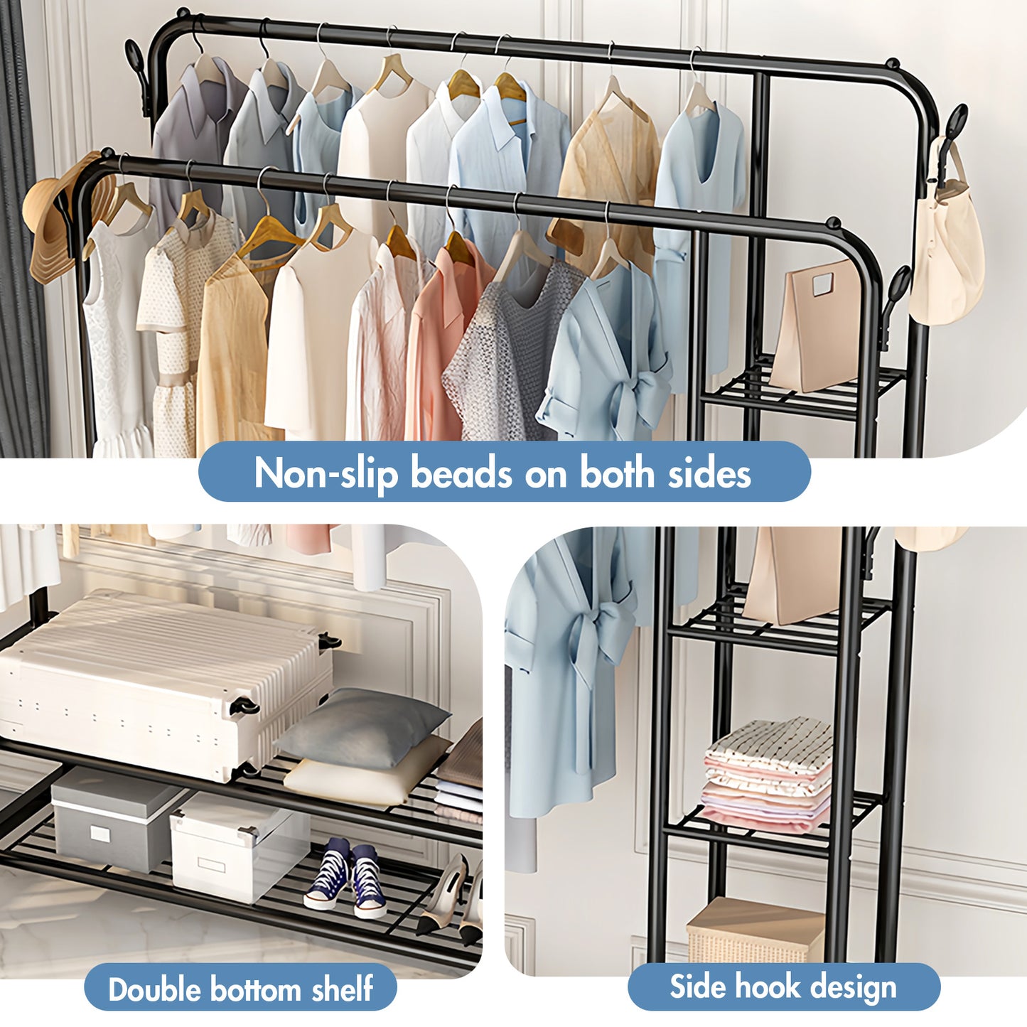 ALSO GO 3-In-1 Double Rod Clothes Rack with 4-Shelf, Metal Clothing Rack with Wheels & 4 Hooks, Portable Heavy Duty Garment Rack with Double Bottom Shelves, Freestanding Organizer for Bedroom, Black
