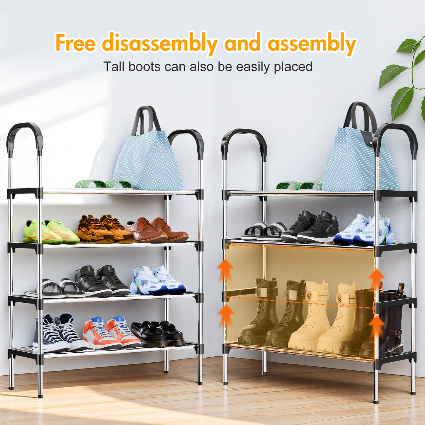 4-Tier Shoe Rack Organizer, Metal Shoe Storage Stand for Entryway, Hallways, Bedrooms, Bathrooms, Offices, and Living Rooms, Silver and Black