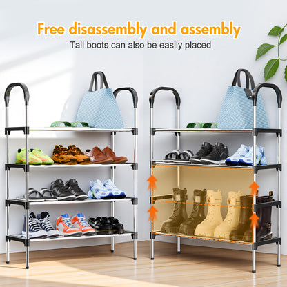 4-Tier Shoe Rack Organizer, Metal Shoe Storage Stand for Entryway, Hallways, Bedrooms, Bathrooms, Offices, and Living Rooms, Silver and Black