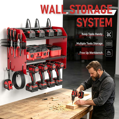 Power Tool Organizer with 8 Charging Station & Outlets, Garage Drill Storage Shelf with 4 Drill Holder, 3 Layer Heavy Duty Tool Storage Rack, Gift for Men (Red)