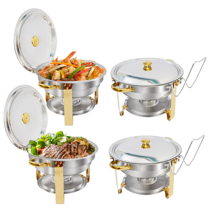 CATGOOD Chafing Dish Buffet Set 4 Pack 5QT Round Half-Gold Plated Stainless Steel Chafing Dish with Stainless Steel Lid, Buffet Warmer Set, for Home Gatherings, Christmas Parties, Catering Events