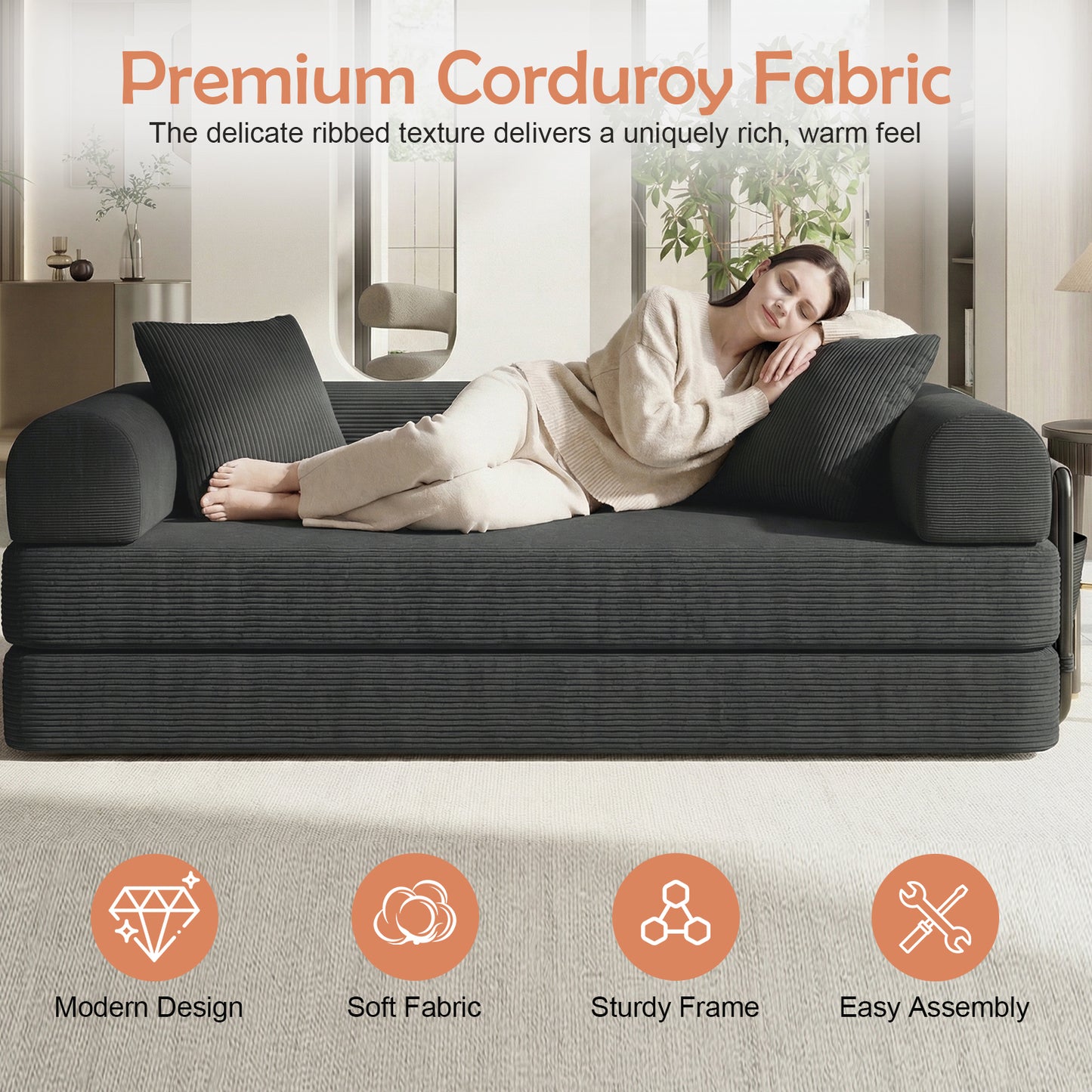 CATGOOD Sectional Couch for Living Room, Convertible Sofa Bed with Soft Corduroy, 78 Inch Modular Futon Couch Free Assembly, Gray