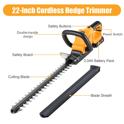 22" Cordless Hedge Trimmer with 180～ Rotatable Head, 21V Electric Bush Trimmer with 2 x 2000mAh Batteries, 1000W 24000r/min Motor, 70Mn Steel Blade for Garden Yard, Yellow