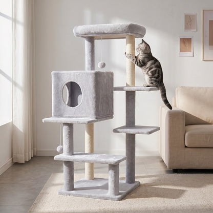 Sturdy Cat Tree: 40-Inch Indoor Cat Tower with Steps for Easy Climbing, Hiding Caves, Scratching Posts & Toys, Perfect for Big Cats