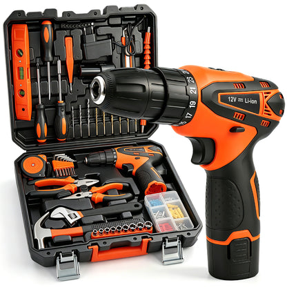 Power Tool Set, Cordless Drill Tool Box with 12V Battery Electric Drill Driver, 115Pcs Hand Tool Kit for Home Hand Repair Power Tools Sets Drills Case