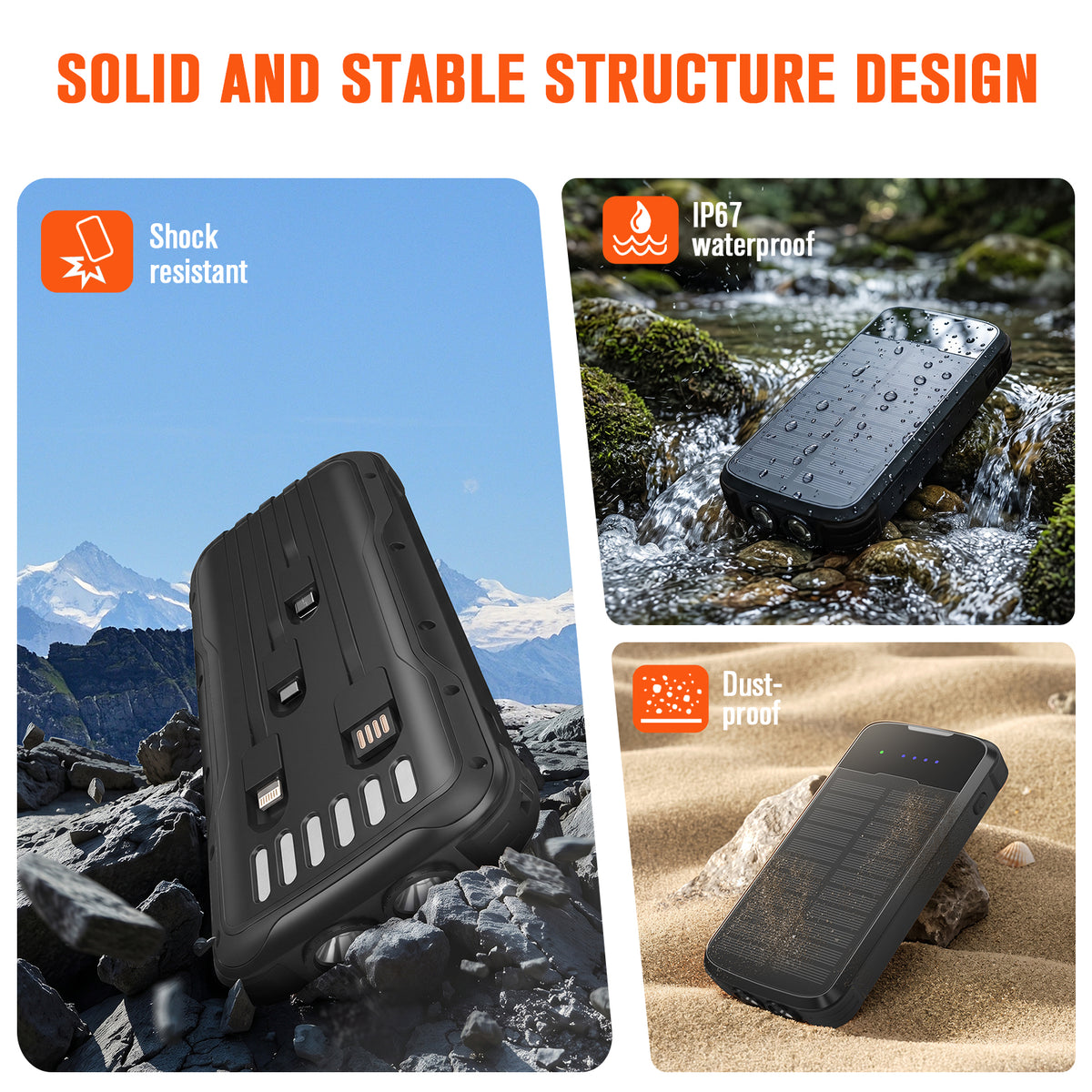40000mAh Solar Power Bank Black, Portable Charger 20W PD Fast Charging, Solar Charger Power Bank W/4 Built-in Cables & 9 Charging Ways, Waterproof Dual LED Flashlights for Camping Hiking