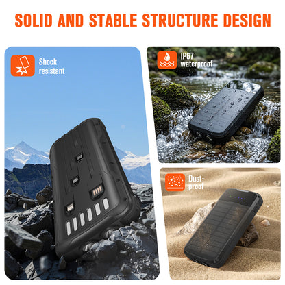 40000mAh Solar Power Bank Black, Portable Charger 20W PD Fast Charging, Solar Charger Power Bank W/4 Built-in Cables & 9 Charging Ways, Waterproof Dual LED Flashlights for Camping Hiking