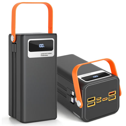 70000mAh Solar Power Bank, 22.5W Fast Charging Power Bank with Dual Built-in Cables, Solar Phone Charger & Solar Battery Charger, 7-Output 3-Input LCD SOS Light for Outdoor Camping (Black)