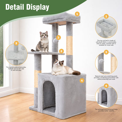 Cat Tree, Multi-Level Cat Tree Tower, Indoor Activity Center with Sisal Scratching Posts, Condos, Plush Perches, Hanging Cat Toys, Gray