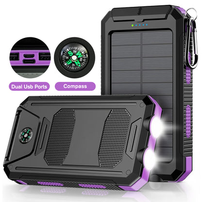 BAOKALER 30000mAh Solar Charger for Cell Phone iPhone, Portable Solar Power Bank with Dual 5V USB Ports, 2 Led Light Flashlight For emergency , Compass Battery Pack for Outdoor Camping Hiking(Purple)