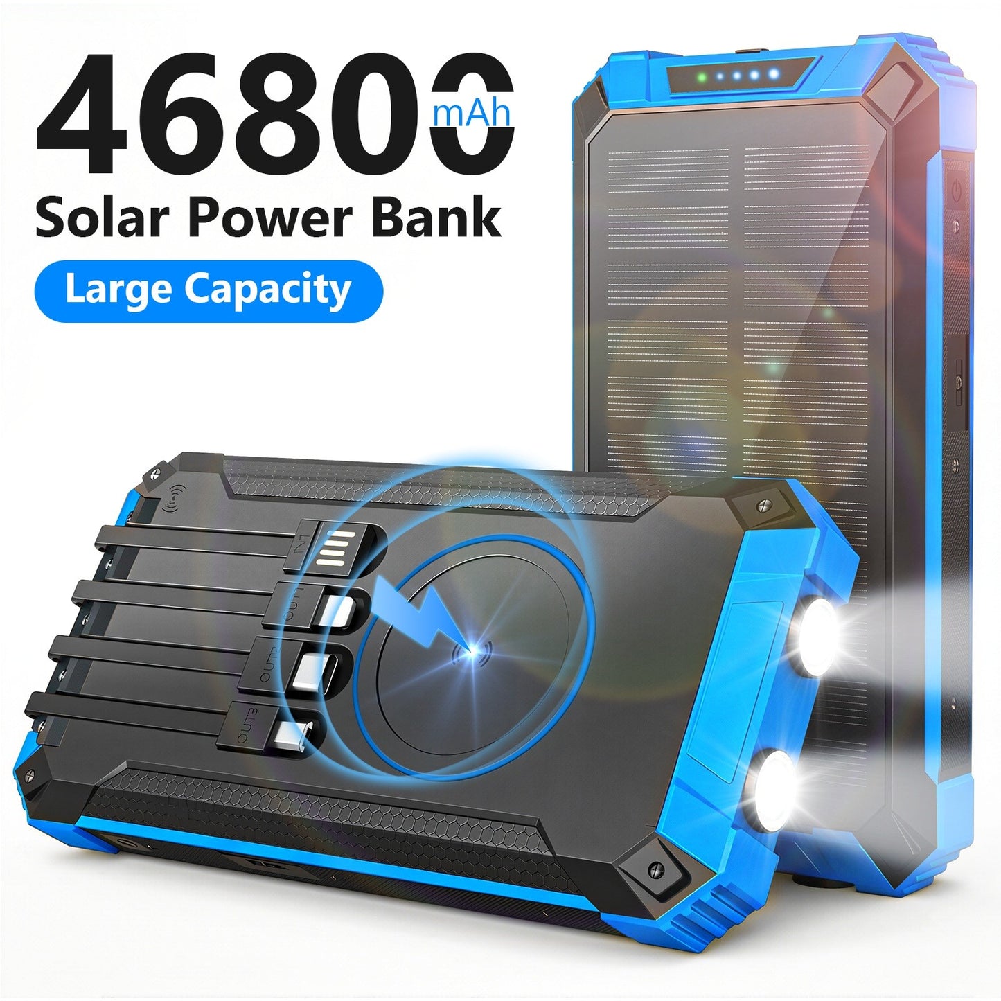 Power Bank Wireless Charger 46800mAh Built in 4 Cables Six Outputs 15W Fast Charging Power Bank for All Mobile Devices Three Inputs Solar Portable Charger with Dual Flashlights, Carabiner(Blue)